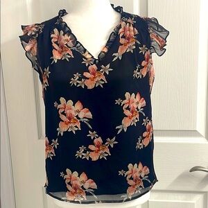 Cece Lava Flower on Black Flutter Sleeve Blouse Chiffon Lined Ruffles Size XS
